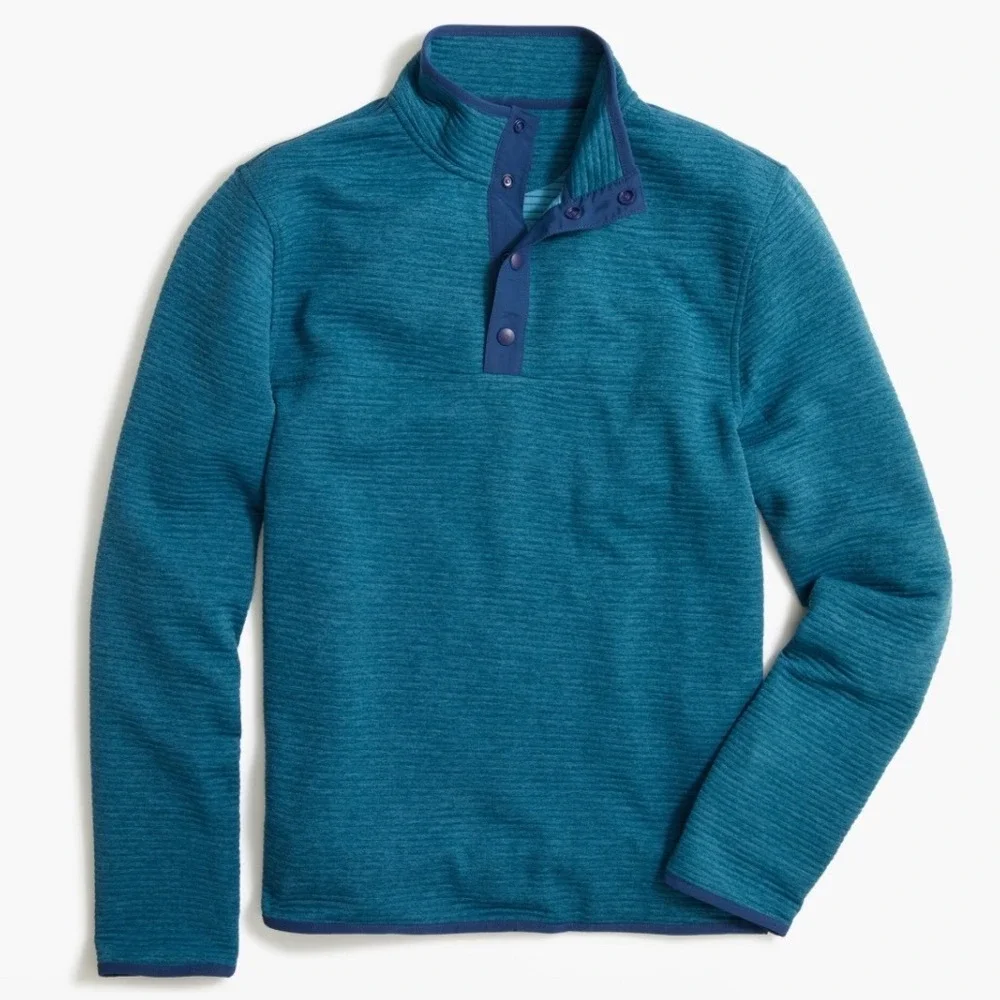 J.CREW | Men's Authentic Teal Fleece 1/4 Snap Textured Ribbed Pullover,‎ Size L